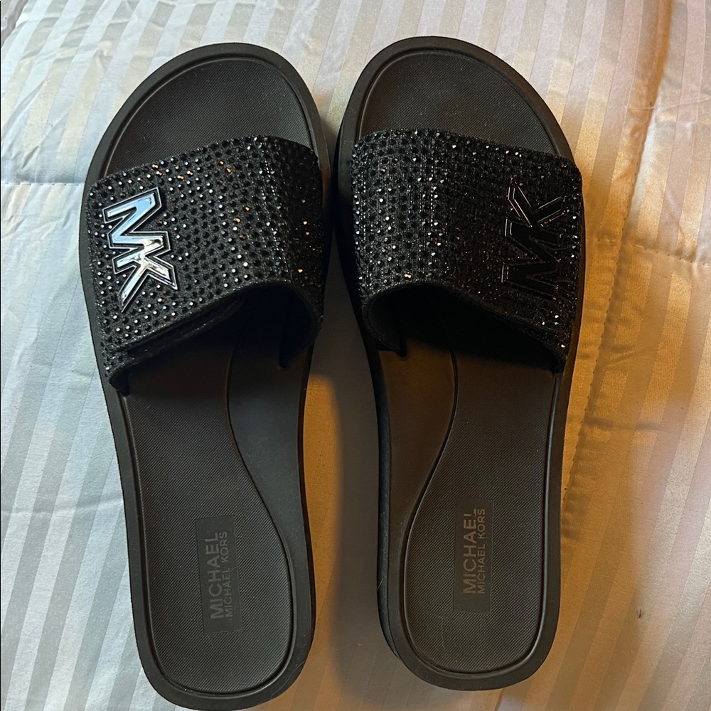 Michael Kors Black Crystal-Embellished Slide Sandals